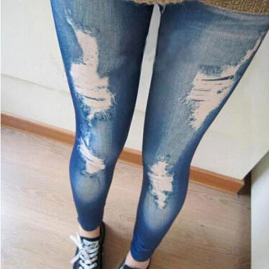 Women Leggings Blue Black Korean Slim False Hole Imitation Jeans Fitness Leggins fleece leggings