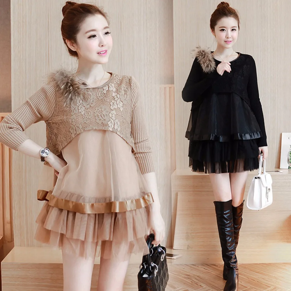 

Plus Size Long Sleeve Pregnant Maternity Dresses Pregnancy Organza Winter Korean Clothing Clothes For Pregnant Women Wear M-XXL