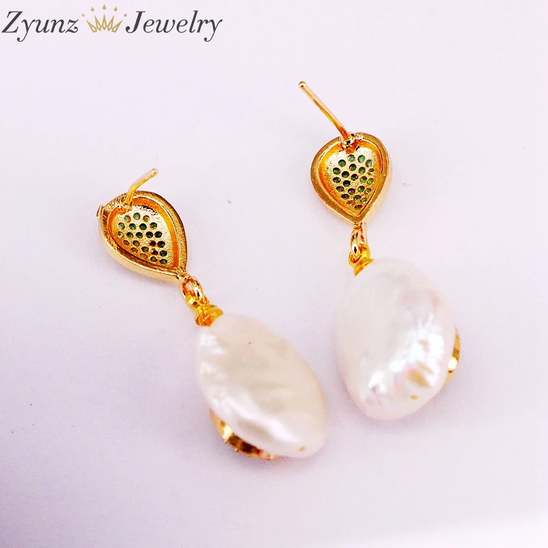 5Pairs, Fashion Earrings CZ Micro Pave Nature Pearl Gold Color Drop Dangle Earring