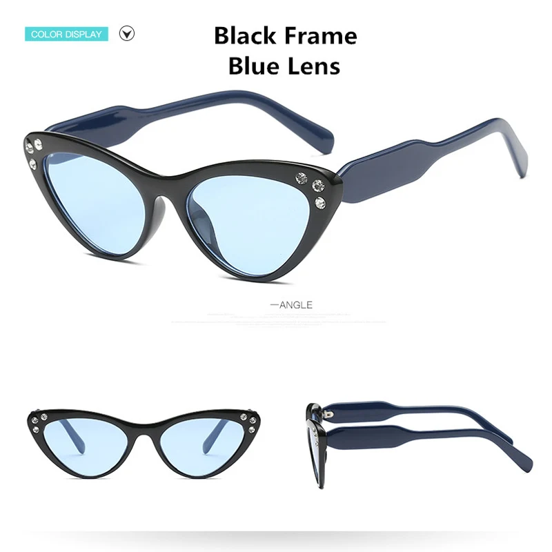 Классические винтажные женские солнцезащитные очки кошачий глаз, стразы, фирменный дизайн, женские черные и красные солнцезащитные очки, брендовые Ретро обтягивающие очки 8058 - Цвет линз: black-blue