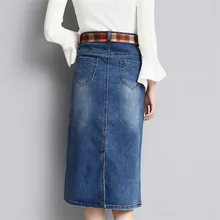 Настоящая фотография, летняя и осенняя Новая тонкая эластичная джинсовая юбка, юбка на бедрах, длинная джинсовая юбка с разрезом