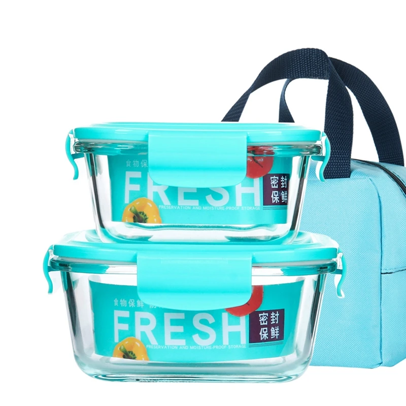  2Pcs/set Transparent Glass Lunch Box With Bag Sealed Leakproof Bento Box Portable Microwave Heating