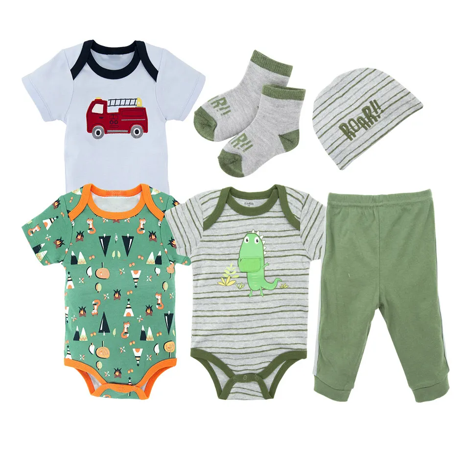 

2019 Cute Cartoon Baby Boy Clothes Set Cotton 6 PCS Newborn Baby Rompers Suit Bodysuit+Long Pants+Socks+Hats Infant Baby Sets