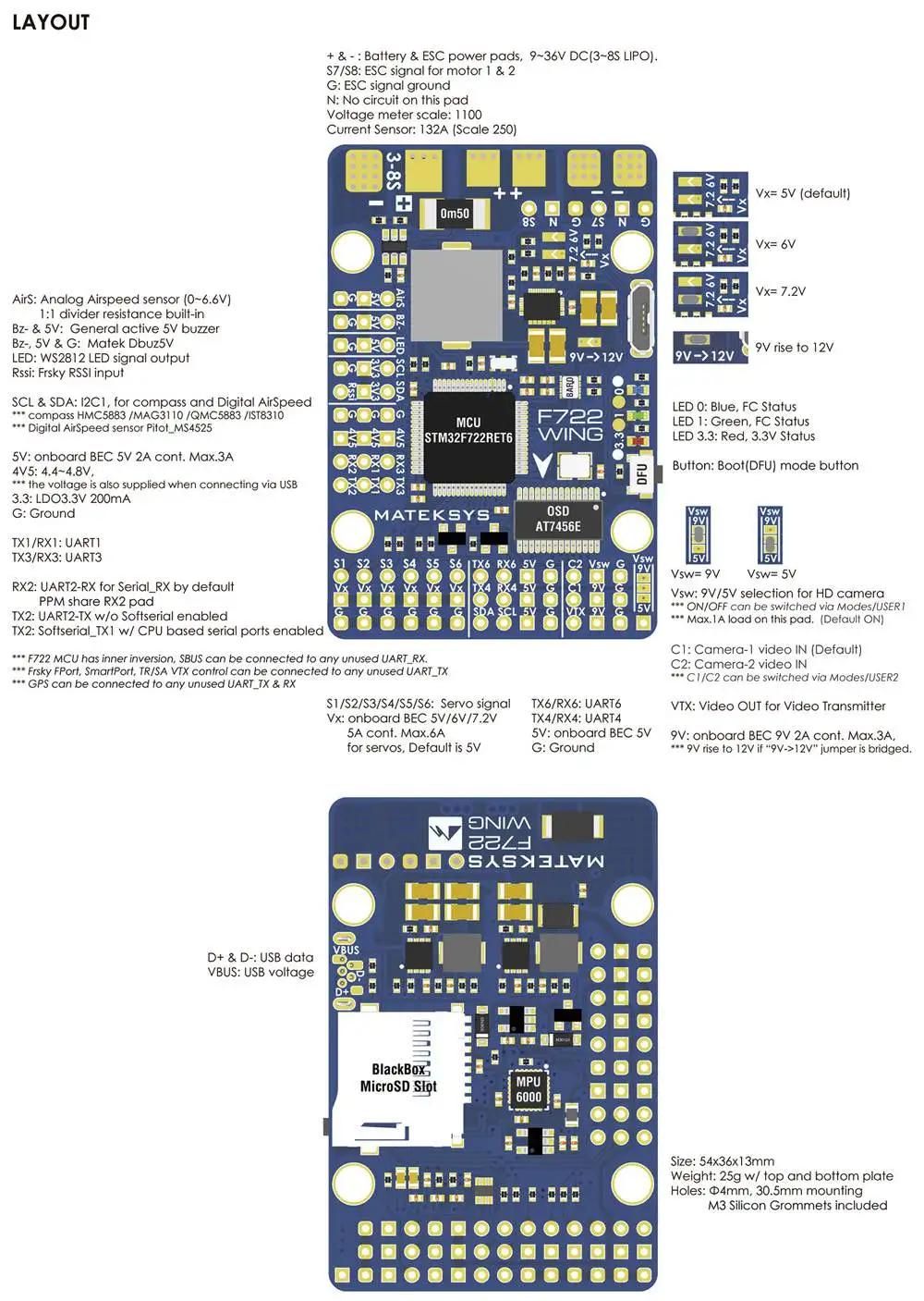 Matek Systems Mateksys F722-WING игровые джойстики F722 крыло FC с PDB Поддержка 3~ 6S Fly крыло с неподвижным крылом