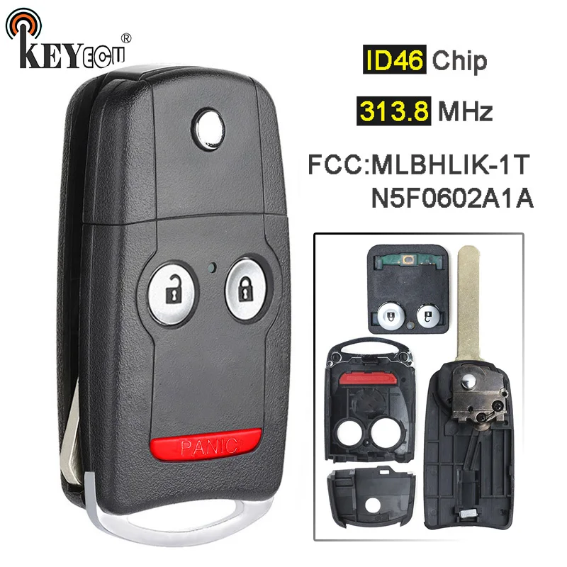 

KEYECU 313.8MHz ID46 Chip FCC: MLBHLIK-1T / N5F0602A1A Flip Folding 3 Button Remote Car Key Fob for Acura TL TSX ZDX MDX RDX