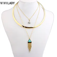 VIVILADY Мода позолоченный металл Слой Цепи горный хрусталь геометрические ожерелья женские Камешки из смолы сплав цинка ювелирные изделия богемные подарок