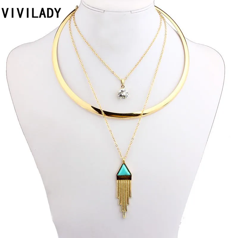 

VIVILADY Fashion Gold Color Metal Layer Chain Rhinestone Geometric Necklaces Women Resin Stones Zinc Alloy Jewelry Bohemian Gift