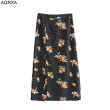 Женская сексуальная юбка с боковым отверстием черная фруктовая печатная Империя длиной до щиколотки пляжный стиль богемный полиэстер Прямая SML