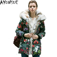 AYUNSUE/Роскошная зимняя куртка на утином пуху с большим кроличьим мехом, Женская длинная парка с капюшоном и воротником из енота, камуфляжное пальто LX325