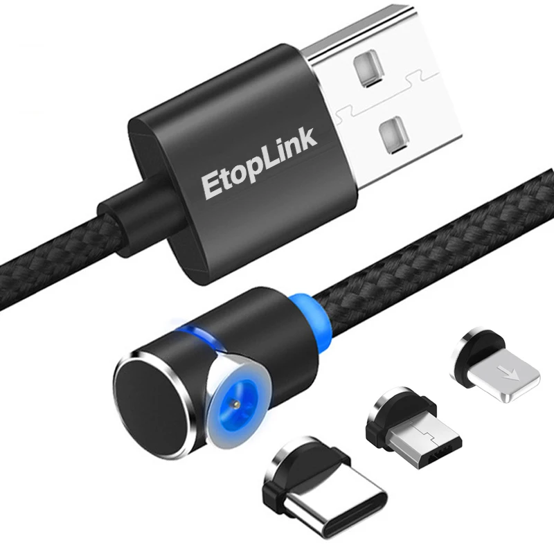 EtopLink 1 M L نوع المغناطيسي كابل شحن نوع-C المصغّر usb المغناطيس أعمى شفط النايلون USB المغناطيسي 90 مصباح إضاءة متدرج كابل الشاحن
