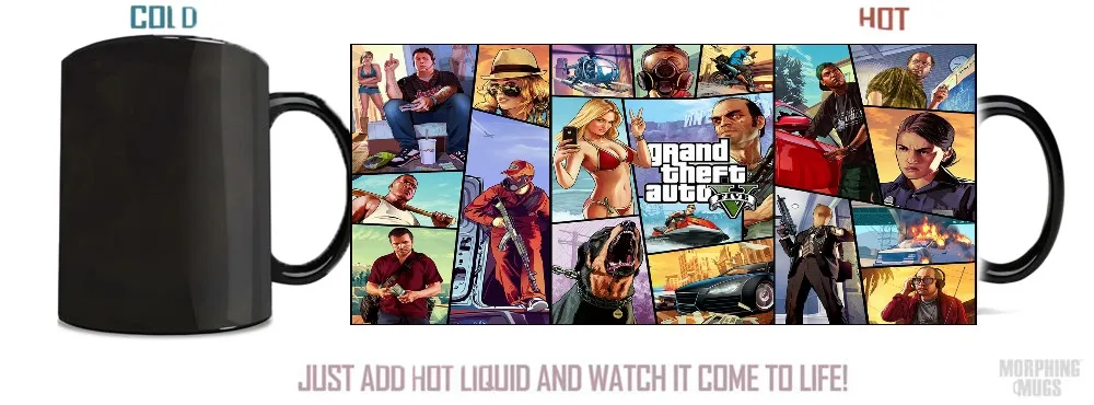 Grand Theft Auto GTA 5 Heat sensitive Black color changing morphing coffee Tea mugen white and