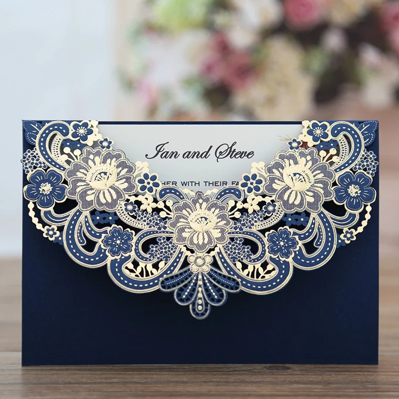 

50pcs New Arrival Horizontal Laser Cut Wedding Invitation with Navy blue Hollow Flora Favors,Crown pattern,Customizable,