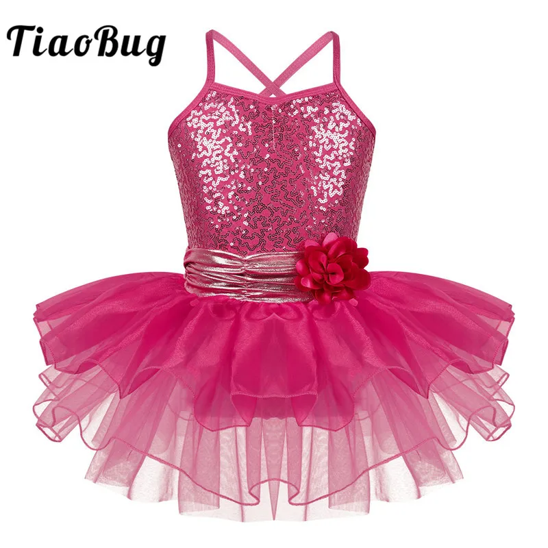 TiaoBug Kids Girls Sequins Stage Dance Costume Children Flower Ballet Leotard Spaghetti Straps Professional Tutu Dress | Тематическая