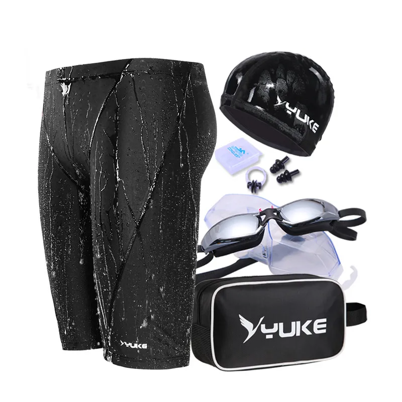 

5 Pcs Swimwear Men Swim Shorts Plus Size Underwear Bathing Trunks Swimming Set Cap Goggle Bag Masculina Black Swimsuit Quick Dry