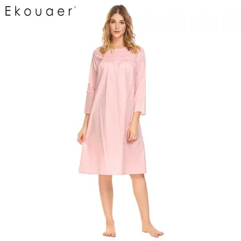 

Ekouaer Casual Women Nightgowns O-Neck Nighties Long Sleeve Loose Sleepwear Dress Homewear Nightdress Sleepshirt Home Clothing