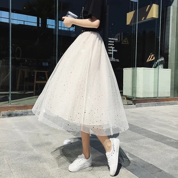 

Fashion Mesh High Waist Women Skirts Elegant Embellished Pleated Saias Temperament Feminina Midi Skirt Pastel office work Jupe