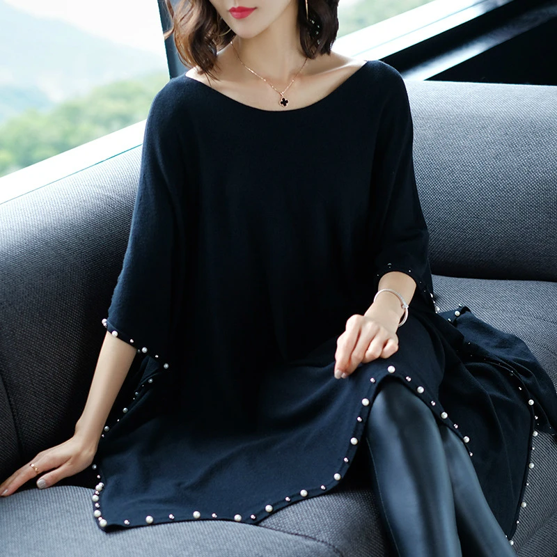2018 Autumn Winter Women Black Sweater Beading Wrap Sweater O-Neck Long Batwing Sleeve Loose Women Knitted Sweater and Pullover 2018 Autumn Winter Women Black Sweater Beading Wrap Sweater O-Neck Long Batwing Sleeve Loose Women Knitted Sweater and Pullover