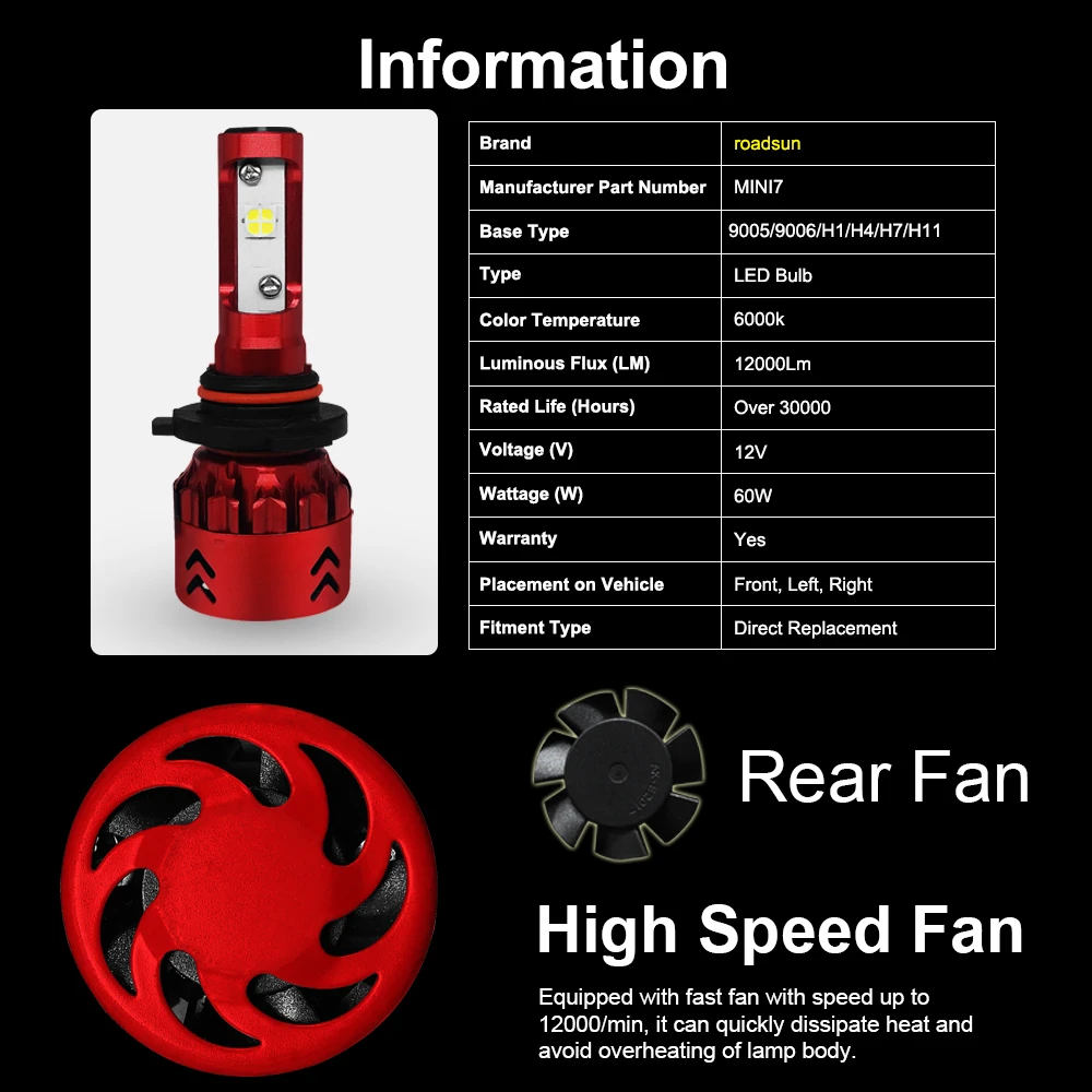 Roadsun H11 Светодиодный комплект для преобразования фар 9005 9006 12000LM 60 Вт супер яркий