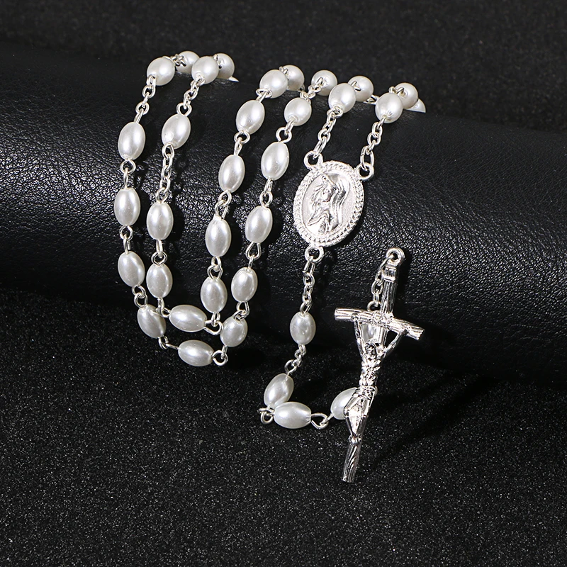 KOMi White Rosary Beads Cross Pendant Long Necklace For Women Men Catholic Christ Religious Jesus Jewelry Gift R-231 - Окраска металла: R-231