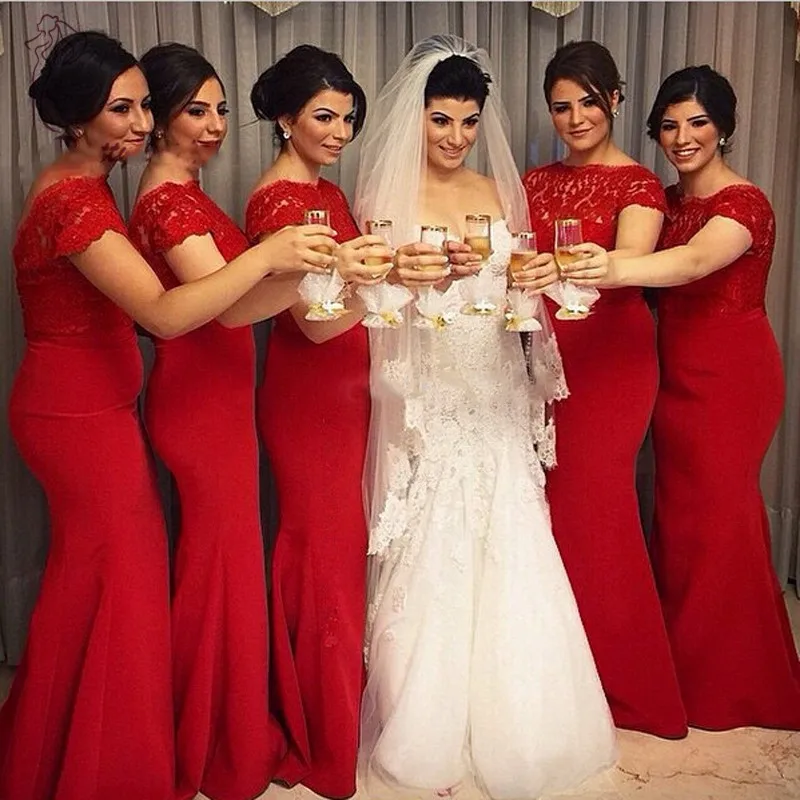 New Design Beautiful Custom Made Adult Red Color Floor-Length Short Sleeves Mermaid Bridesmaid Dresses | Свадьбы и торжества