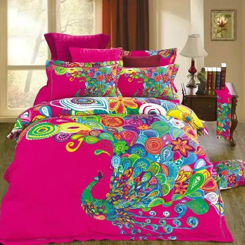 Chinese Style Colorful Peacock Hot Pink Bedding Set 100 Cotton
