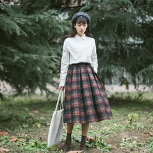 Английский консервативный стиль, клетчатая юбка, эластичная талия, до середины икры, повседневные женские юбки, Ретро стиль, Mori Girl, большие размеры, плиссированные юбки, Saias