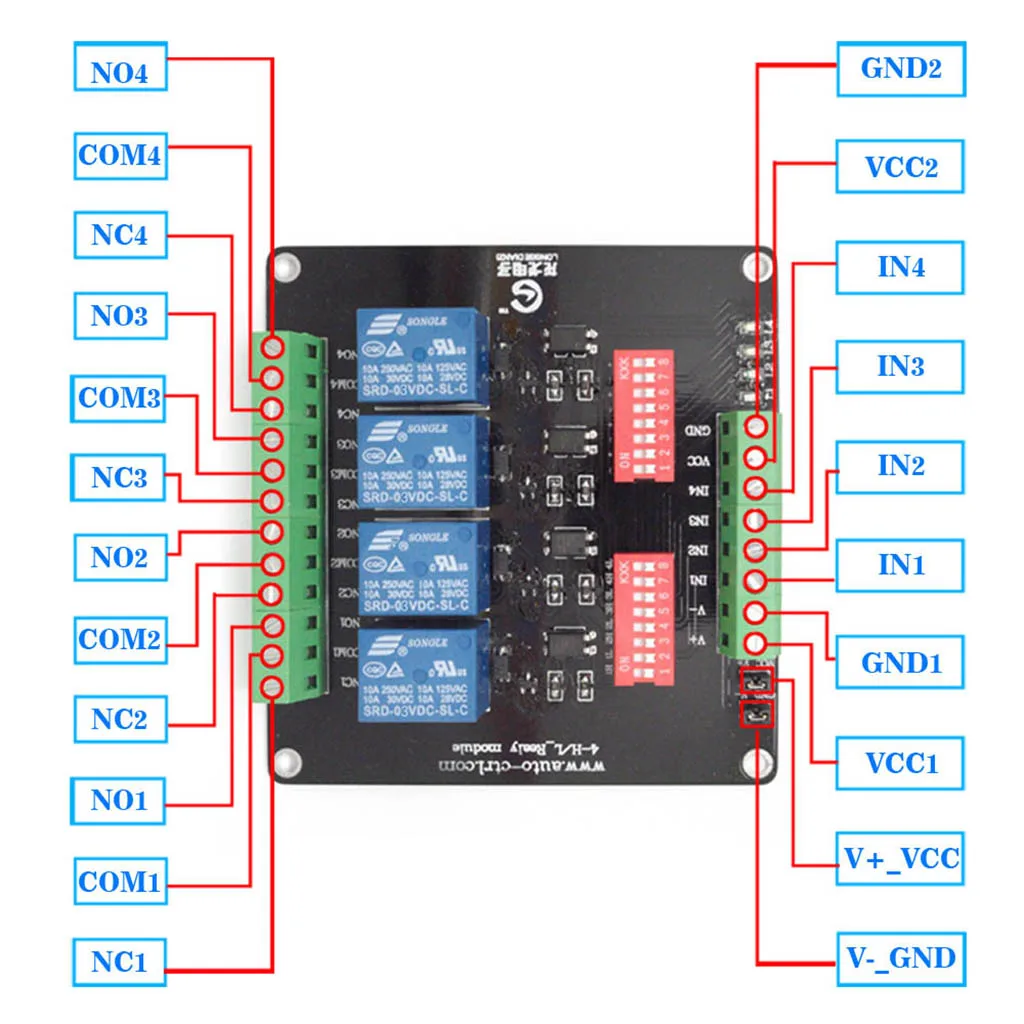 4-Channel 3V/5V/12V/24V Relay Board Module with Optocoupler High / Low Level