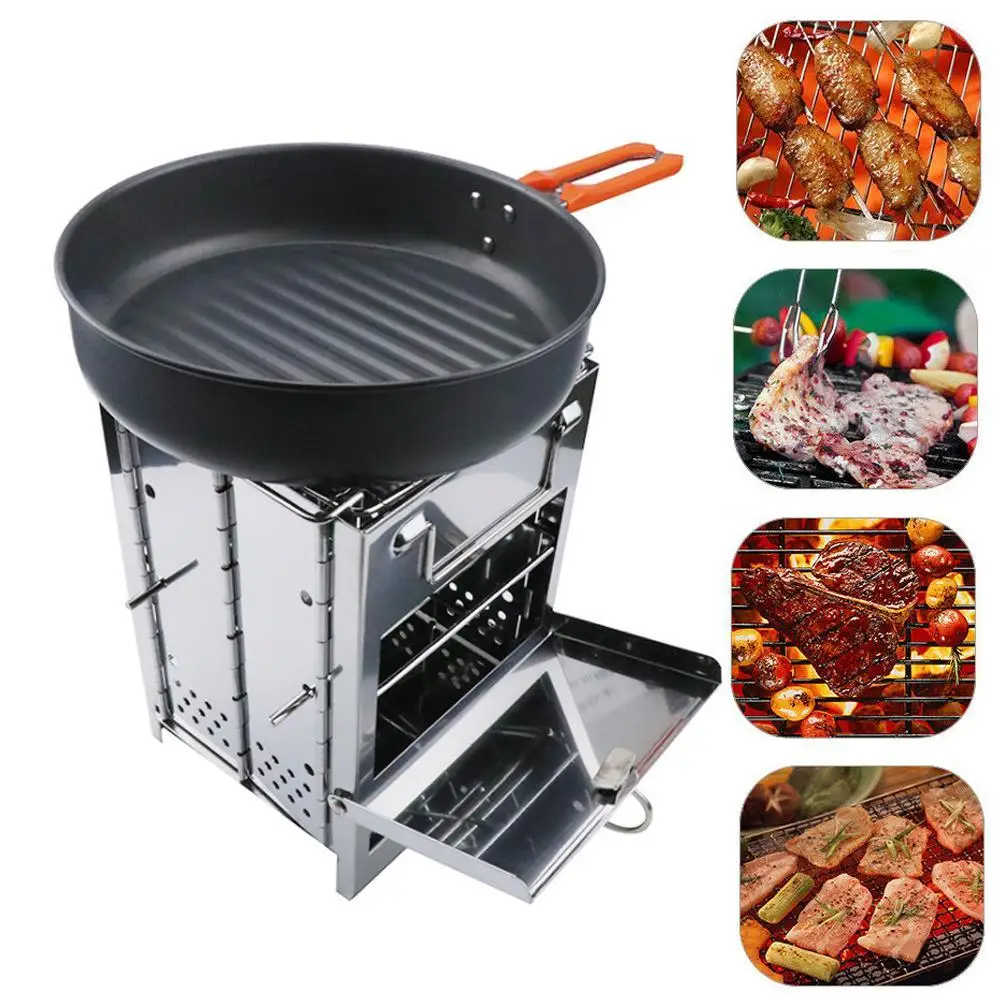 

Wood Stove Portable BBQ Picnic Stove Stainless Steel BBQ Grills Small Folding Grill Wood Charcoal Stove
