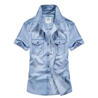 LIGHT BLUE Новое поступление джинсовая рубашка Мужская Летняя Повседневная мужская рубашка с коротким рукавом высокое качество джинсовая рубашка для мужчин плюс размер 4XL - Цвет: LIGHT BLUE