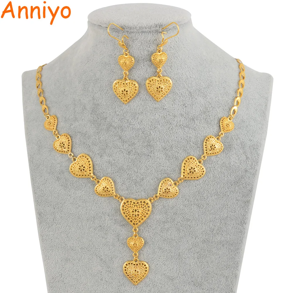 

Anniyo Heart Necklace Earrings Jewelry sets Gold Color Middle East Bride Gifts Ethiopian Iraq African Nigeria Wedding #011012