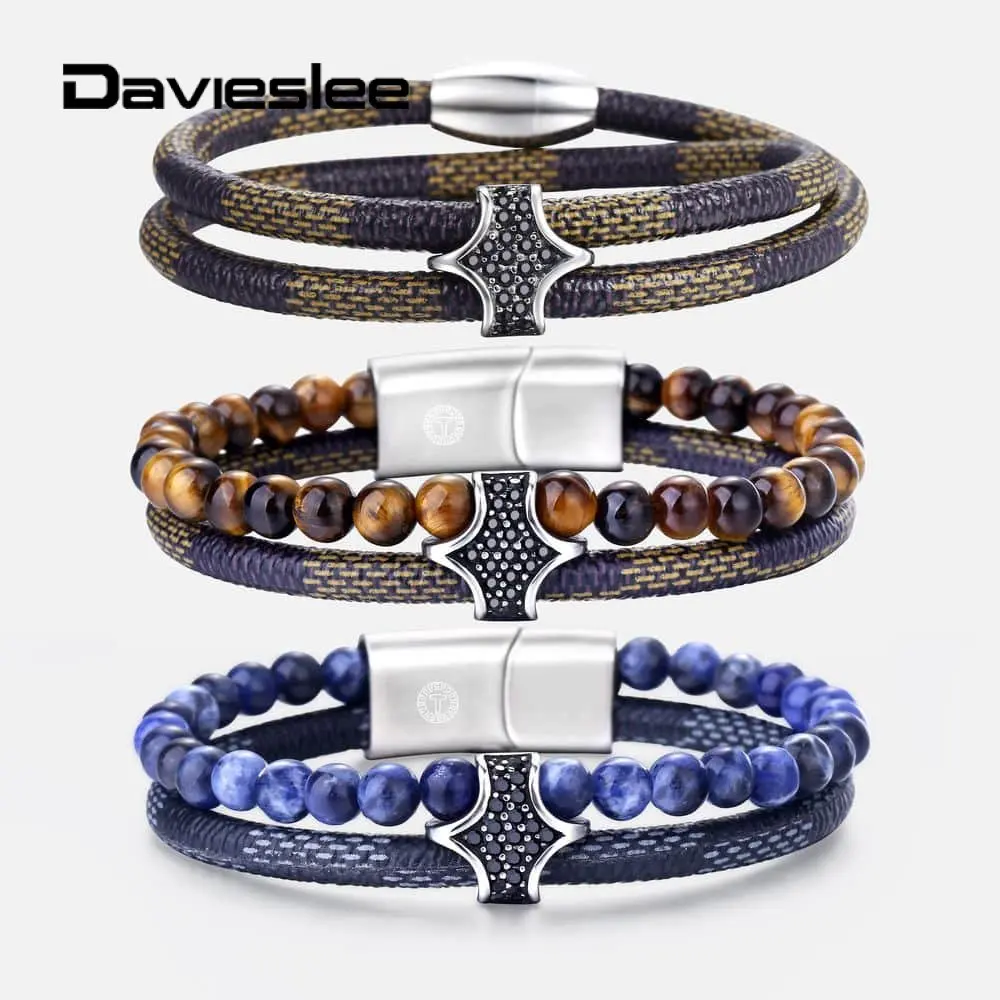 

10mm 12mm Leather Bead Bracelets for Men Double Layer Stainless Steel Leather Link Chain Mens Beaded Bracelets LDLBM31
