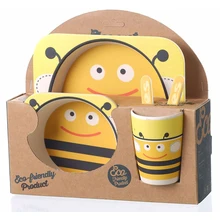 5pcs/set Bamboo Fiber Dishes Children Cutlery Set cartoon Baby Dinnerware Cup Assist Food Bowl Fork Spoon Set baby feeding