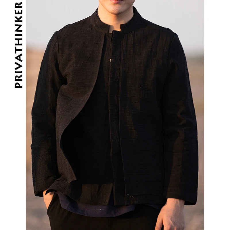 Sinicism Store Men Clothes 2020 Cotton Linen Casual Black Shirts Man Long Sleeve Shirts Male Chinese Fake Two Pieces Windbreaker photo