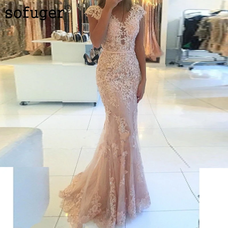 

2019 Illusion Back Long Dress Appliques Vestido De Festa Sexy Robe Longue Sashes Evening Dress