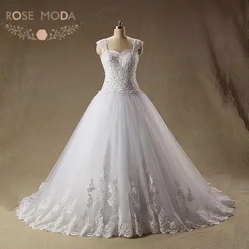 

Rose Moda Princess Lace Ball Gown Cap Sleeves Puffy Wedding Dress Plus Size Lace Up Back Real Photos