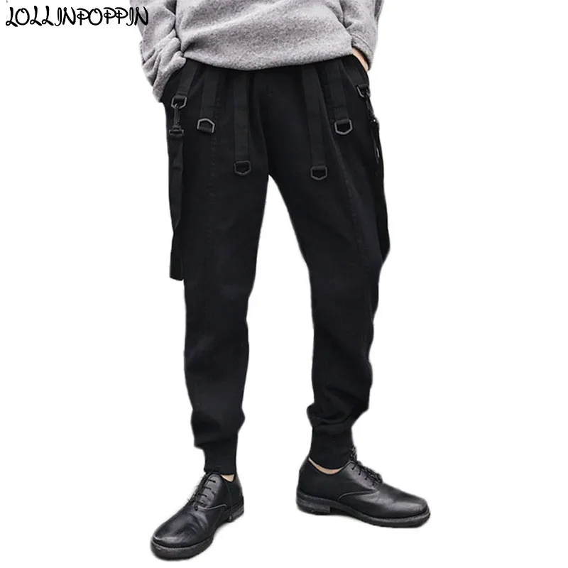 Punk Men Cargo Jogger Pants With Ribbons High Street Side Straps Mens Black Joggers Elastic Waist Hip Hop Pants