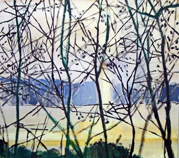 

Modern handmade painting tree at river side on oil canvas for living room decor and wallpaper