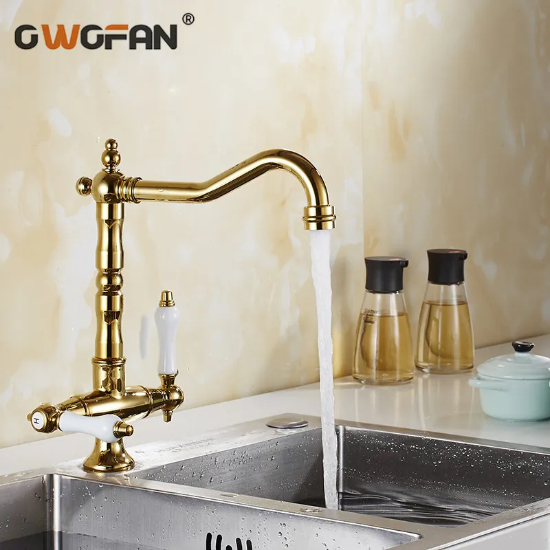 

Kitchen Sink Faucets 360 Degree Swivel Classic White Dual Handle Basin Taps Gold Color Single Hole torneira cozinha N22-102