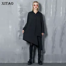 [XITAO] необычное женское Европейское Модное Новое свободное платье с отложным воротником и длинным рукавом, женское Однотонное Платье До Колена LYH2949
