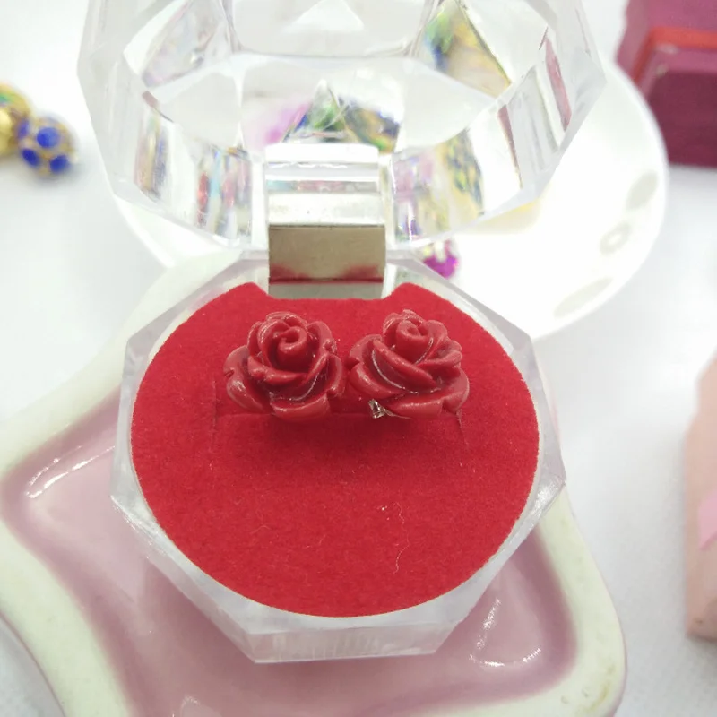 

HOT new 2017 Artificial coral stone stud earrings with red roses and sterling silver
