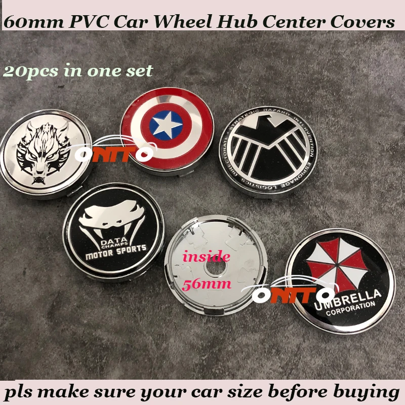 

20PCS/LOT 60mm For umbrella /Deta /US Captain /Eagle/ Wolf logo badge Modified accessories PVC Car Emblem Wheel Hub Cap Covers