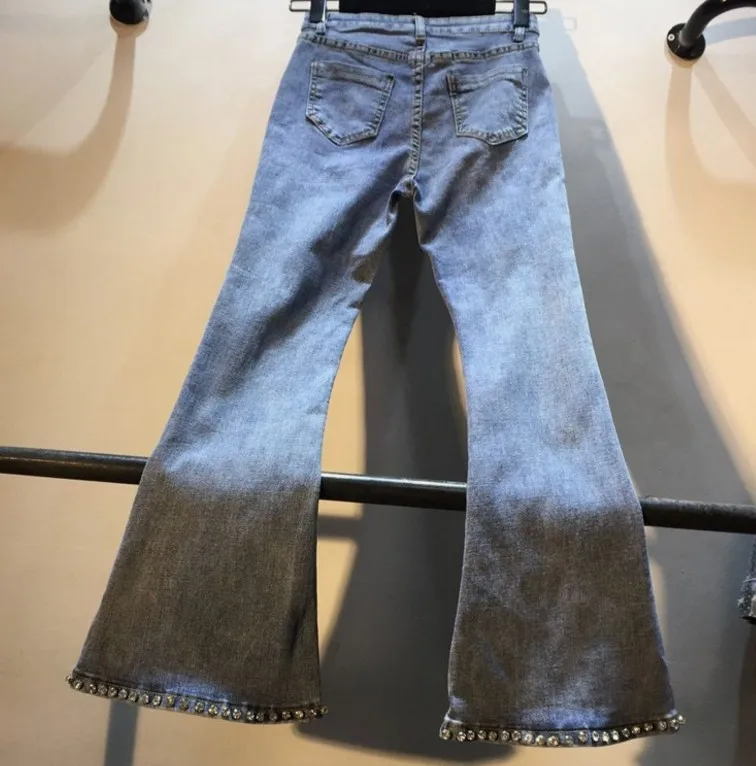 Джинсы с шипами для женщин весна новые тяжелые бусины алмазные джинсы с высокой талией для девочек студенческие джинсовые штаны длинные брюки