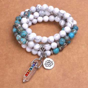

New Design Howlite Natural Stone and White crystal chakra pendant Bracelet 108 Beads Wrap Lotus Bracelet Courage Mala Yoga Gift