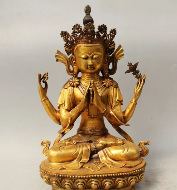 

18" Tibet Buddhism Bronze Gild 4 arms Chenrezig Buddha Avalokiteshvara Kwan-Yin