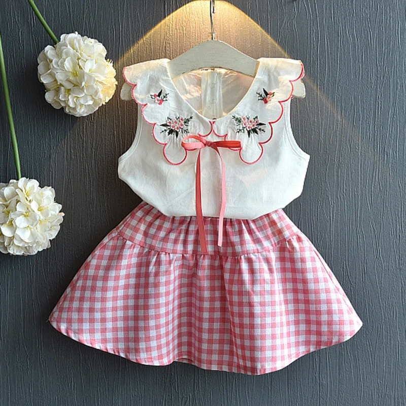 

2019 Fashion Girls Clothes New Lovely Girls Sleeveless +lattice Short Skirt 2pcs Suit Kids Summer Children Clothing Set