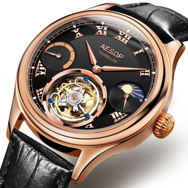 Мужские механические часы Moon Phase Tourbillon от ведущего бренда, роскошные часы с сапфировым циферблатом, часы с настоящим Tourbillon, мужские часы s relogio masculino - Цвет: Black rose gold