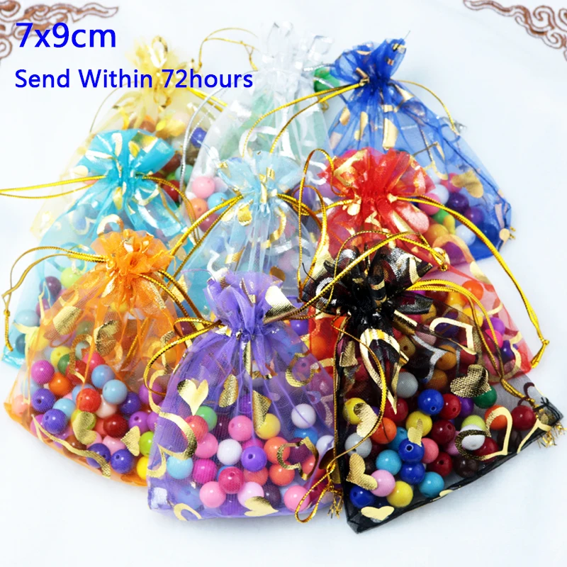 

Organza Gift Bags Wholesale 100pcs/lot Small 7*9cm Mix Color Gold Heart Printing Bags Drawstring Jewelry Pouches Packaging Bag