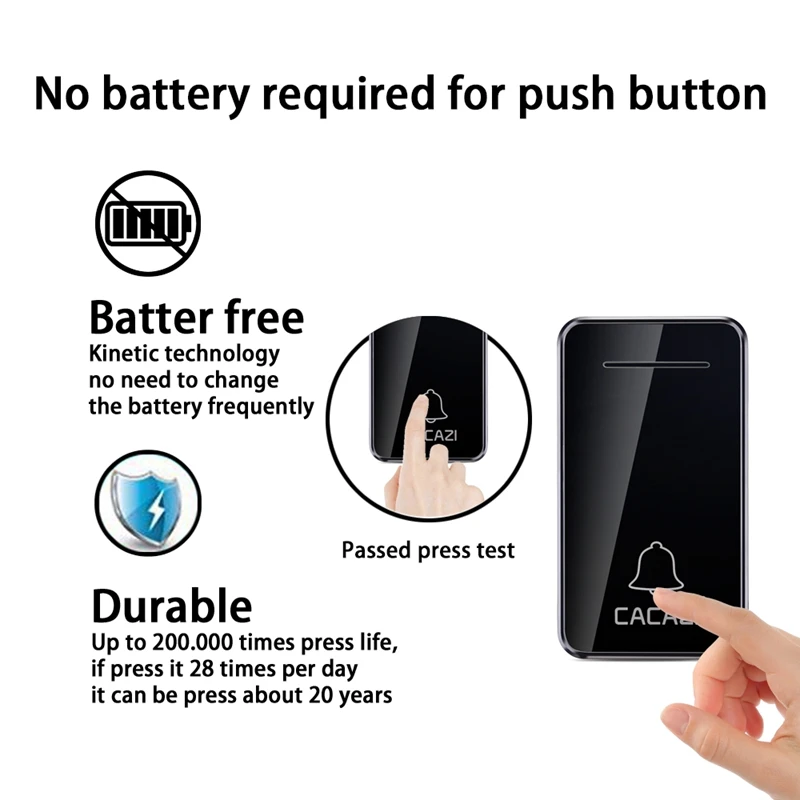 

CACAZI Self-Powered Waterproof Wireless Doorbell Led Light 200M Home Cordless Bell 48 Chime 1 Button 1 Receiver EU Plug