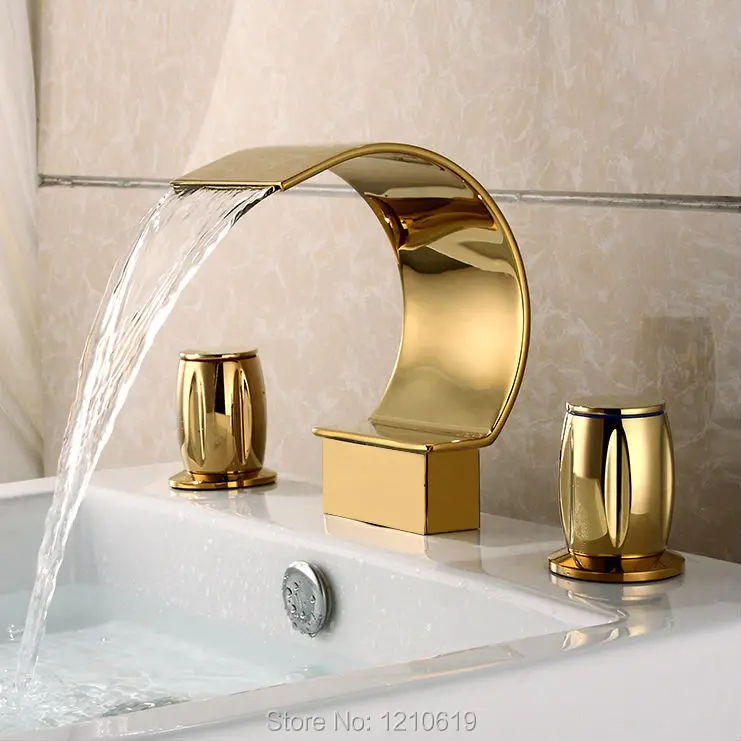

Newly US Free Shipping Luxury Arc-shape Spout Bathroom Sink Basin Faucet Golden Polished Dual Handles Mixer Tap Deck Mounted