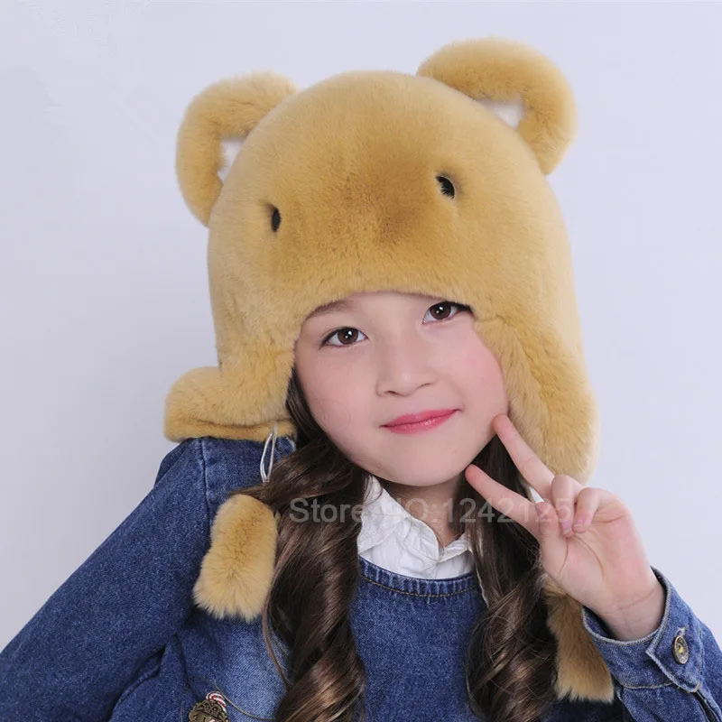

Baby boy girl children autumn winter hat kids full real rex rabbit fur hat lovely Cartoon child bear ear protector Earmuff cap